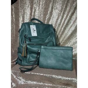 NWT Shrrie Teal Faux Leather Convertible Backpack Purse & Matching Wristlet Set